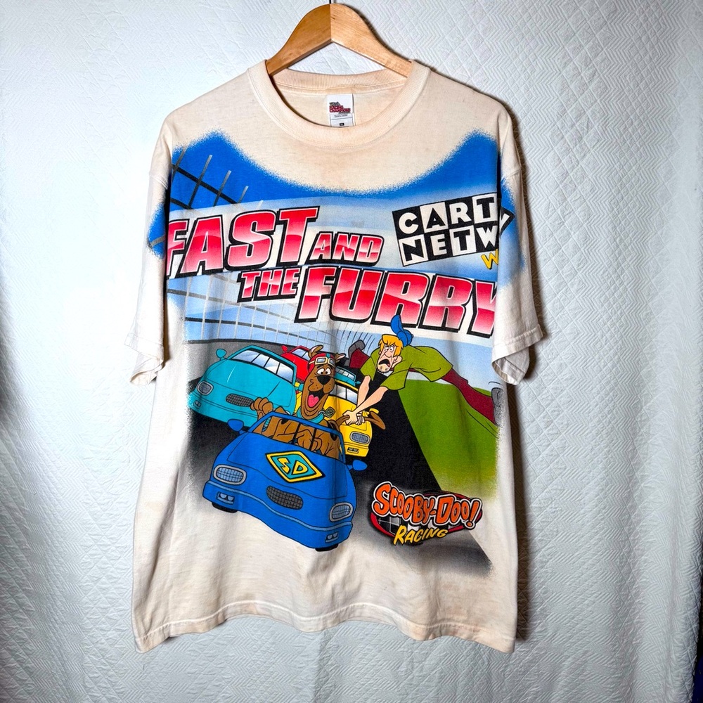 Vintage 2002 Cartoon Network Scooby Doo Wacky Racing All Over Print T-Shirt XL